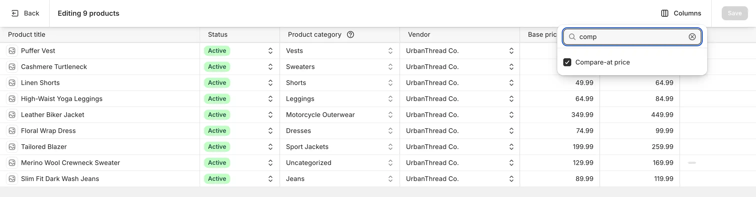 Screenshot placeholder for Shopify's native bulk editor showing a column for compare-at price.