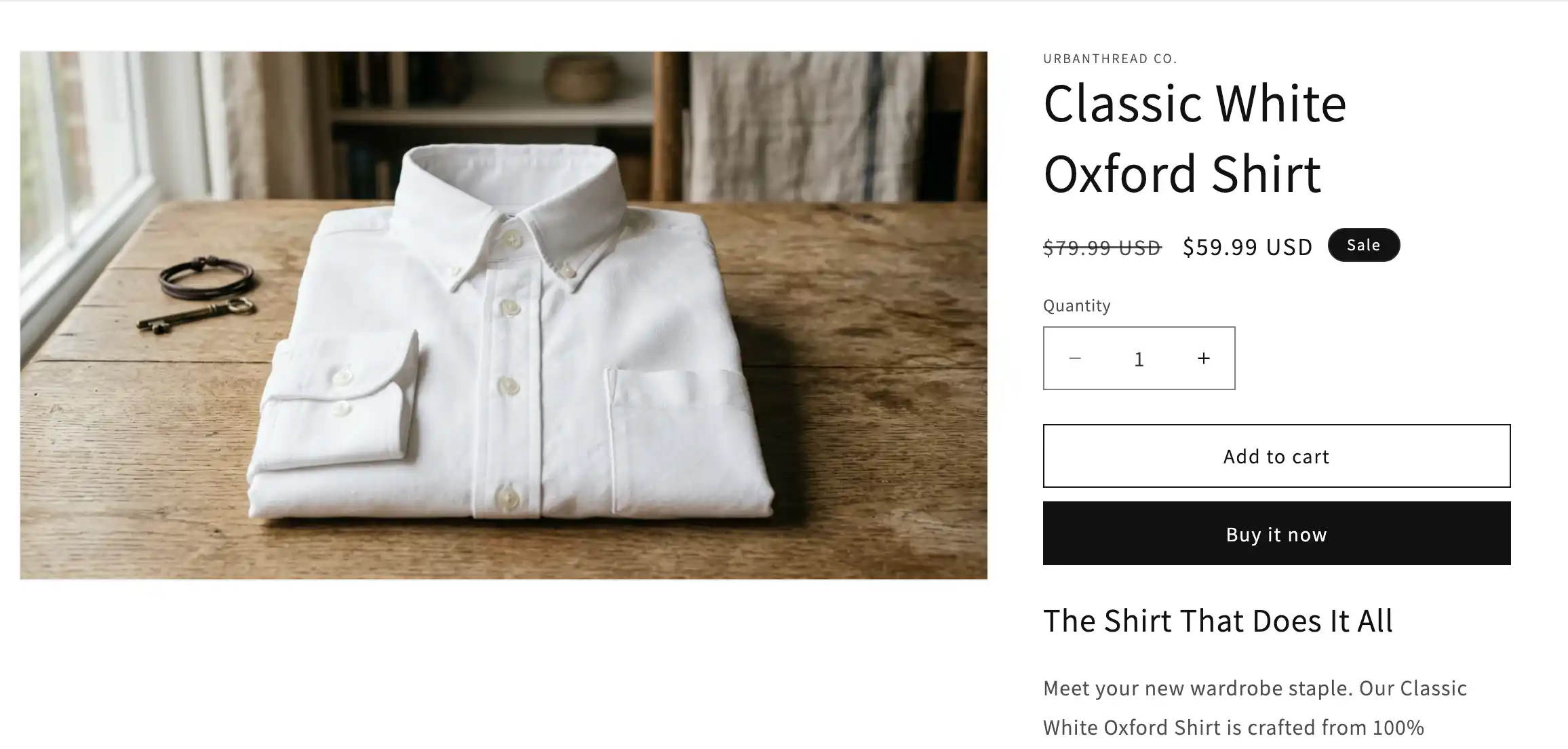 A Shopify product page showing a compare-at price with strikethrough and a lower sale price beside it.