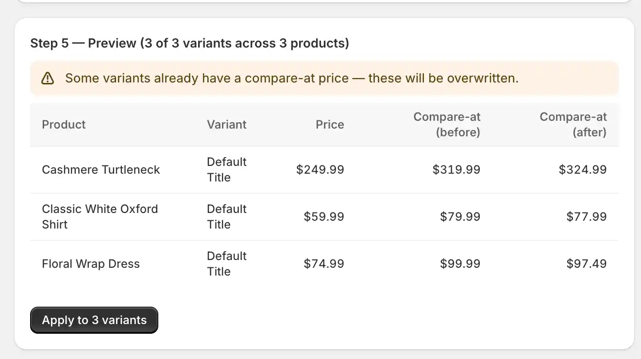 Screenshot placeholder showing a preview list of variants with old price, new price, and new compare-at price columns, plus an Apply button.
