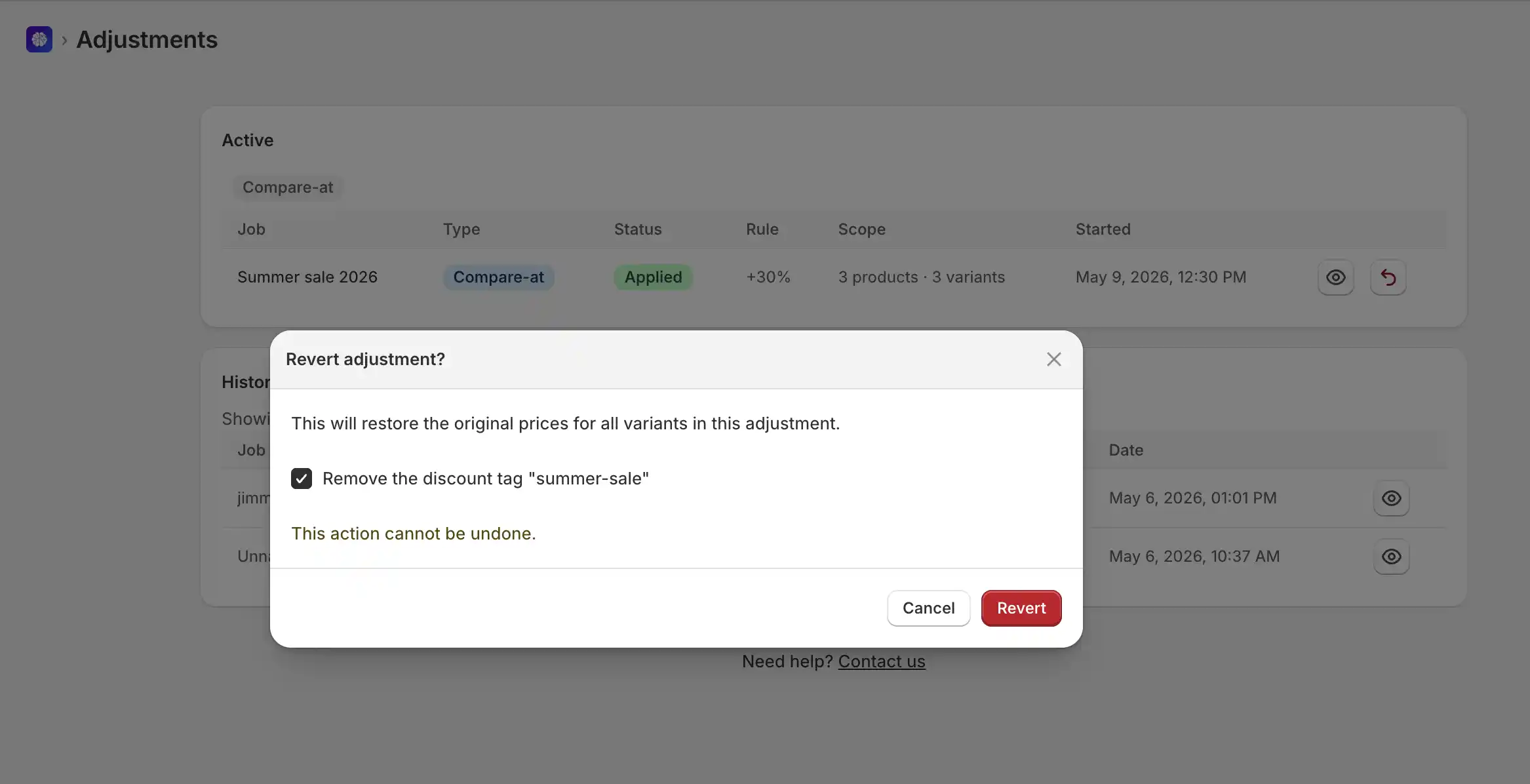 Screenshot placeholder showing the revert flow with a drift warning offering options to revert or skip drifted variants.