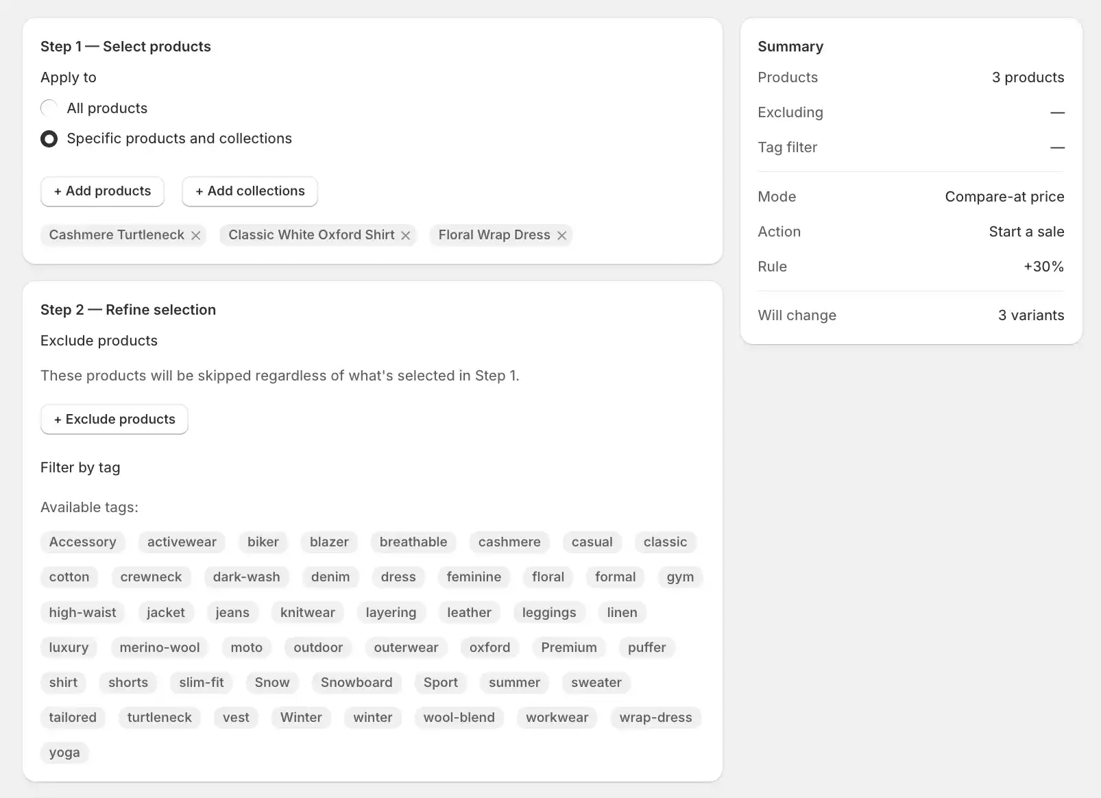 Screenshot placeholder showing targeting options: store-wide, collection, hand-picked products, and tag-based include and exclude rules.