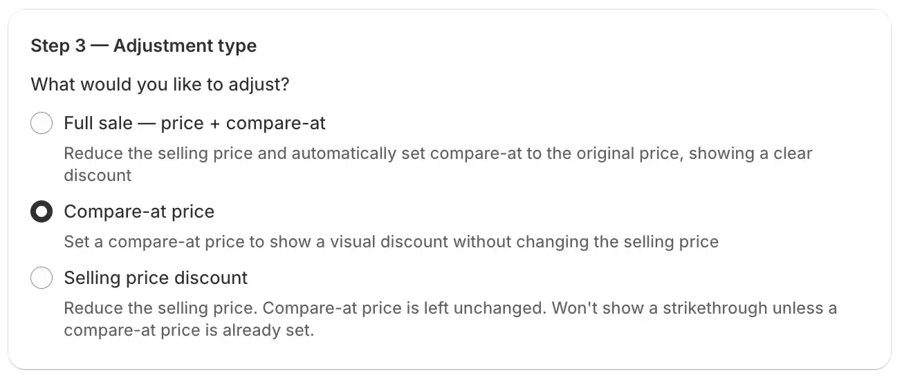 Step 1 — Sale type and discount configuration